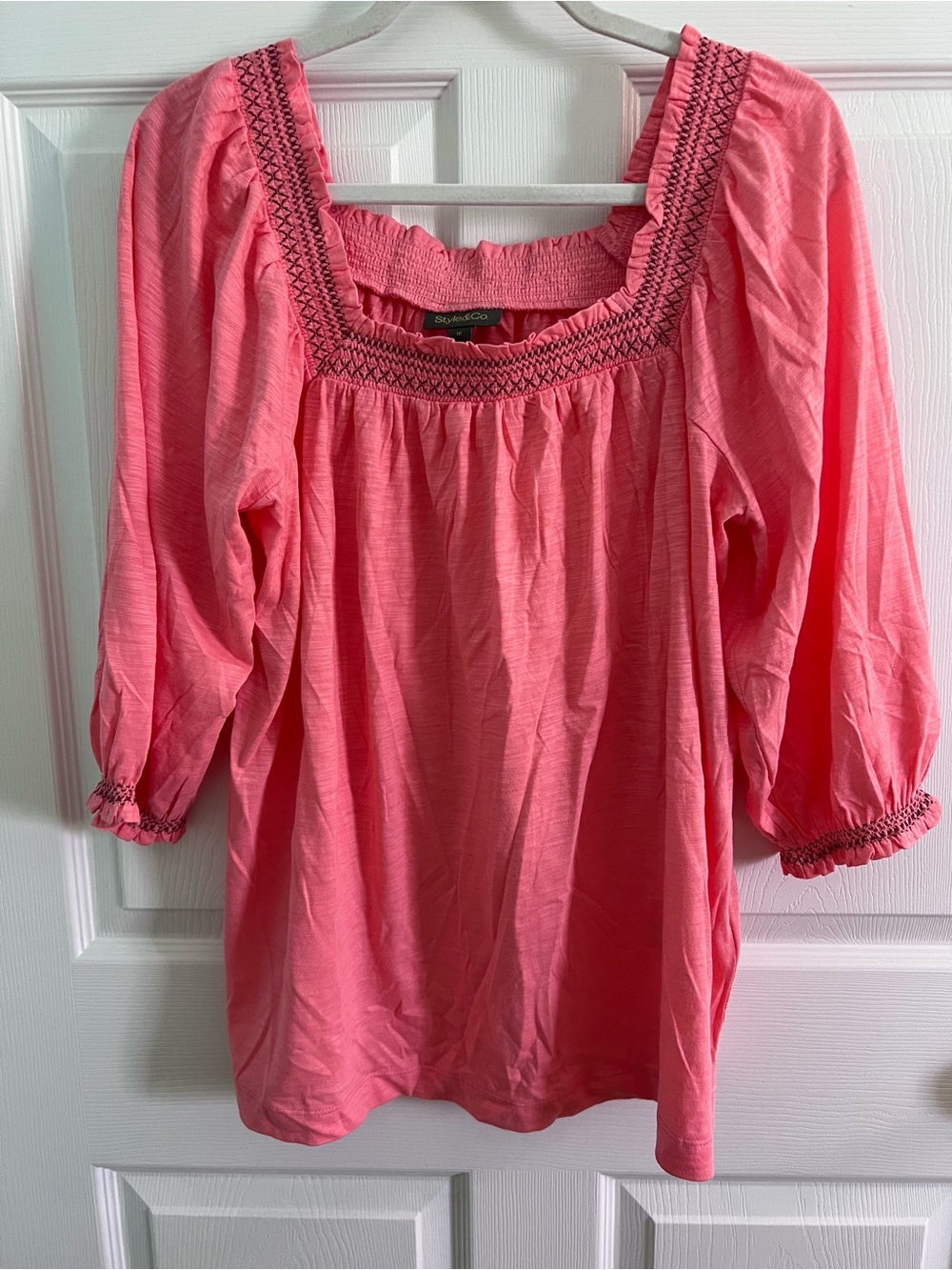 Style & Co. Coral Pink Smocked Square Neck Tunic